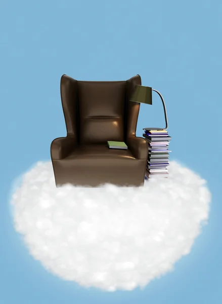 Illustration der Entspannung. Stuhl und ein Stapel Bücher auf einer Wolke am Himmel — Stockfoto