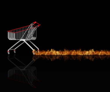 The speedy moving shopping cart, leaving the fire burning trace off the wheels with place for advertisement text. clipart