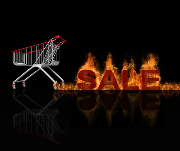 Chvatný přesun nákupní košík, přičemž oheň hořící trasování z kola s názvem hot prodej, plamen, hořící účinek a reflexe — Stock fotografie