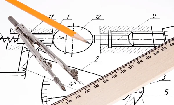 指南针、 铅笔和尺子的示意性面的. 图库图片