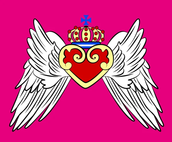 Koninklijke hart met kroon en vleugel embleem — Stockvector