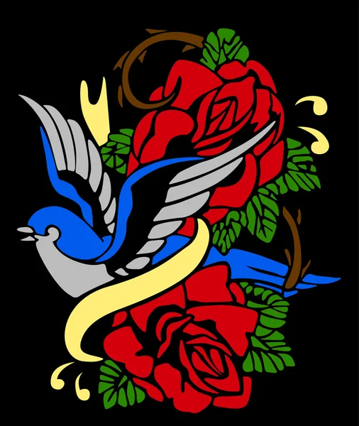 Vliegende zwaluw met roos portret — Stockvector