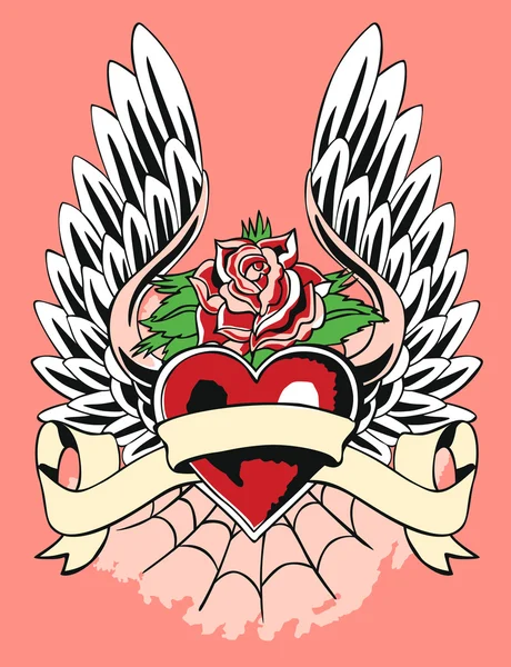 heart with wings and banner and roses