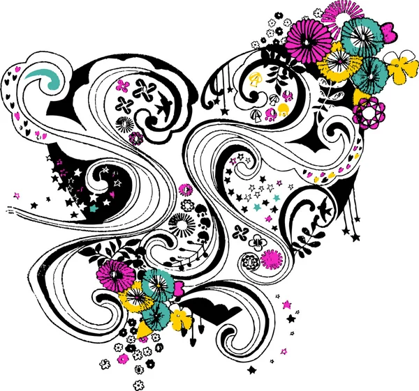 Coeur spirale avec décoration florale doodle — Image vectorielle