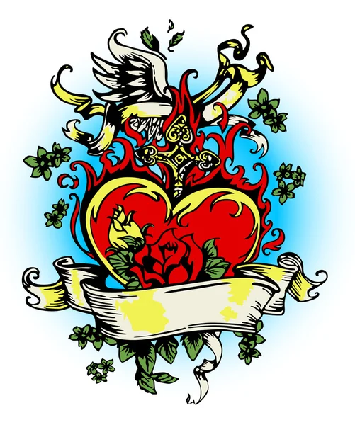 Coeur vintage avec flores et croix — Image vectorielle