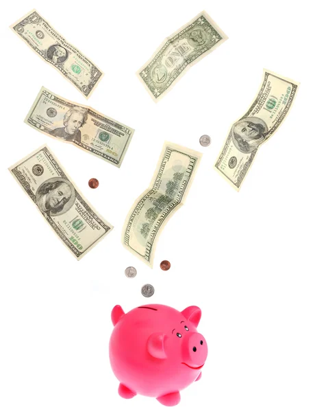 Dollars falling into piggy bank — Stock Photo, Image