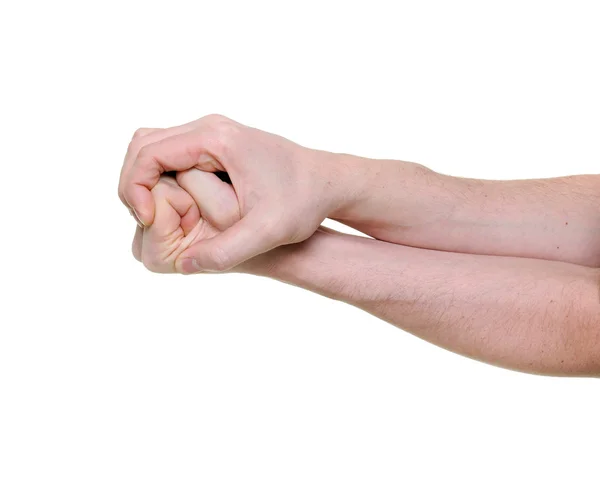 Hand grasping over fist isolated on white background — Stock Photo, Image