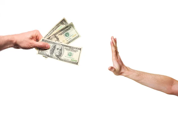 Mão rejeitando dinheiro — Fotografia de Stock