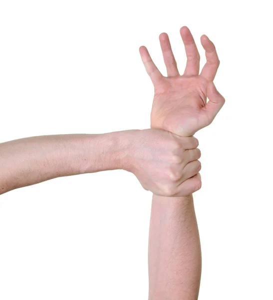Ajudando a mão capturada e agarrada sobre o pulso isolado no fundo branco — Fotografia de Stock