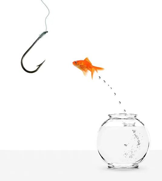 Goldfish jumping out of bowl towards empty hook — Stock Photo, Image