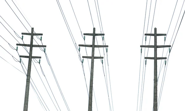 Параллельные линии электропередачи, изолированные на белом фоне неба — стоковое фото