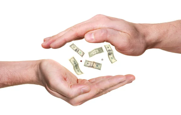 Dwie ręce i koncepcja pieniądza — Zdjęcie stockowe