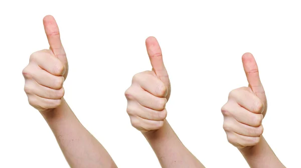 Three hands with thumbs up isolated over white background — Stock Photo, Image
