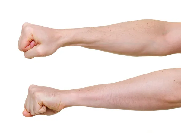 Two fists from different side angles isolated on white background — Stock Photo, Image