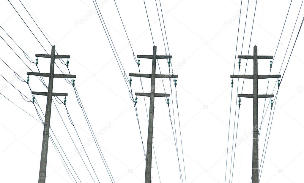 Parallel power transmission lines isolated on white sky background