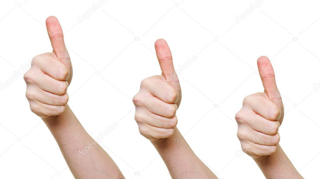 Three hands with thumbs up isolated over white background