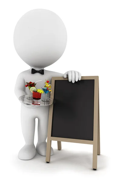 3d white waiter with cocktail and blackboard — Stock Photo, Image