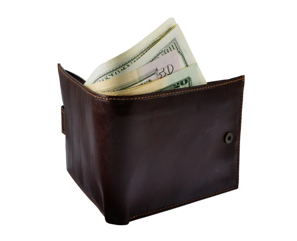 Kahverengi cüzdan para ile — Stok fotoğraf
