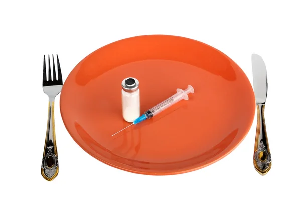 Piatto da pranzo con siringa e farmaci — Foto Stock