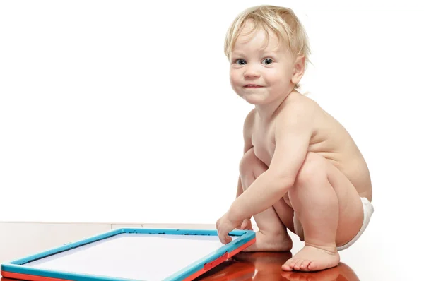 Little boy with draw desk — Stock Photo, Image
