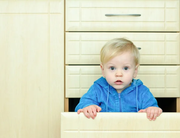 Boy in the kitchen cabinet — Stock Photo, Image
