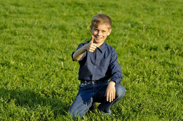 A criança feliz em uma grama verde — Fotografia de Stock