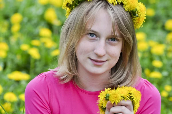 Girl in the field of dandelions — Stock Photo, Image