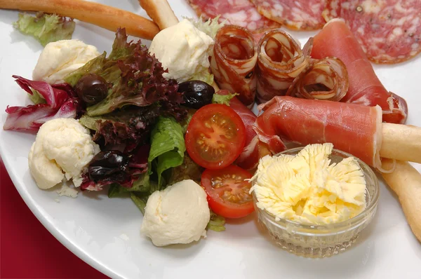 Vegetables salad cheese salami — Stock Photo, Image