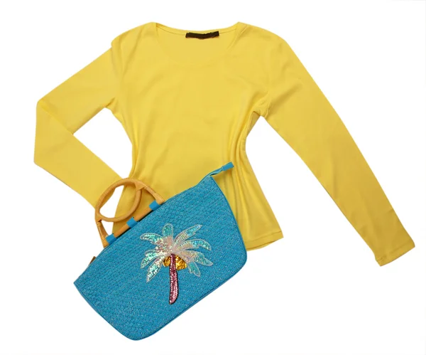 Κίτρινο πουλόβερ πουκάμισο, μπλούζα και μπλε τσάντα — Φωτογραφία Αρχείου