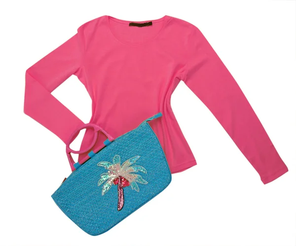 Red sweater shirt blouse and blue bag — Stock Photo, Image