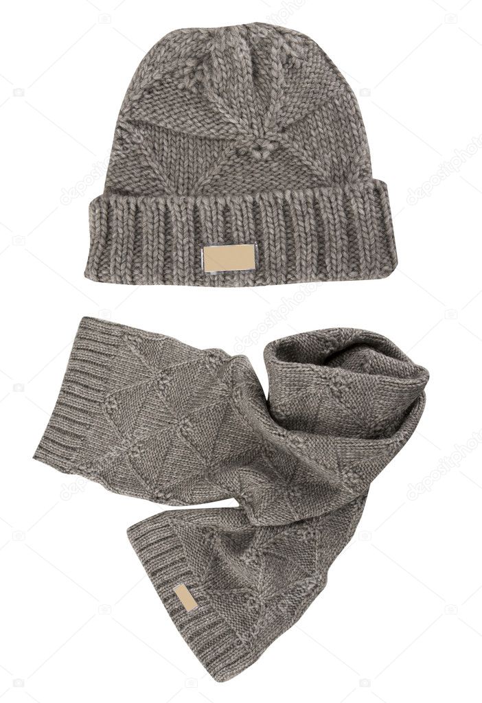 Gray warm woolen knitted winter hat and scarf