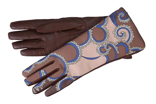 Dámské hnědé kožené rukavice vzorované — Stock fotografie