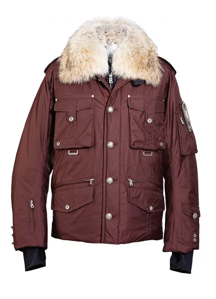 Brown leather jacket fur collar — Stock Photo, Image