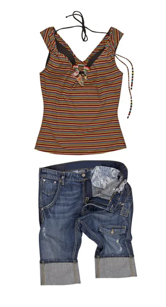 stock image Brown striped vest and jeans shorts