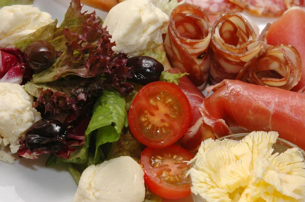 Vegetables salad cheese salami — Stock Photo, Image