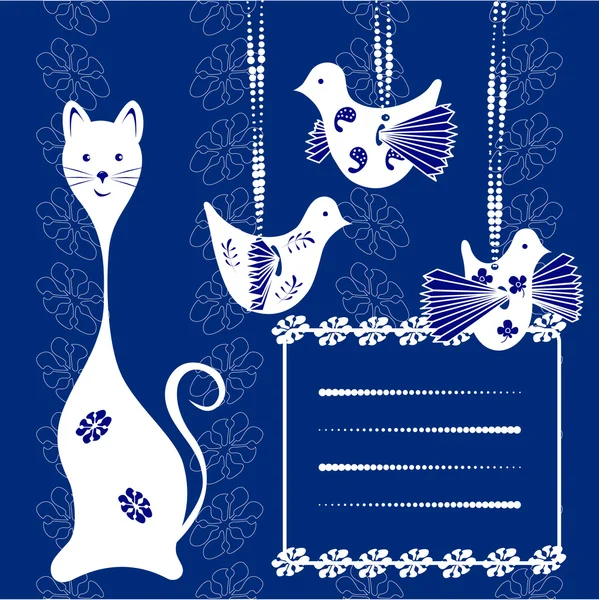 Cartão de gato e pássaro. Espaço para o seu texto ou imagem. fundo floral — Vetor de Stock