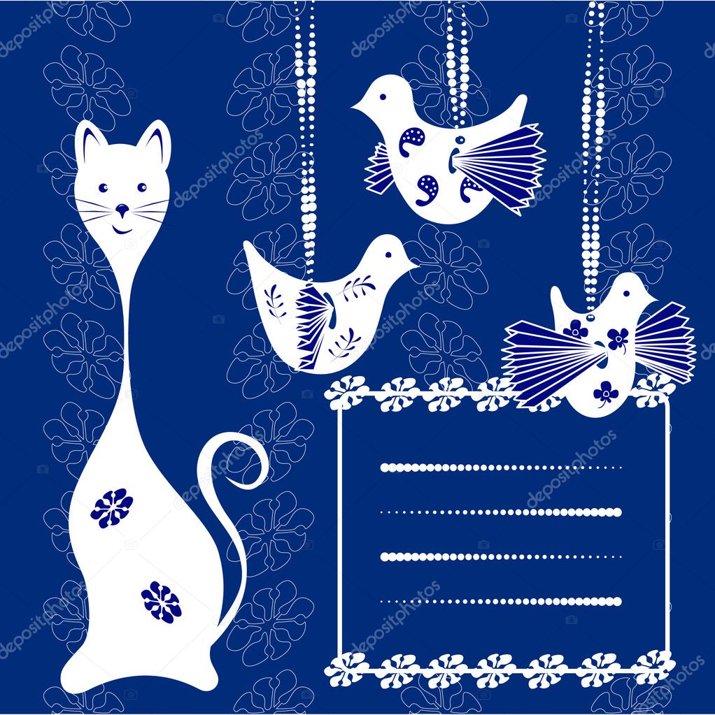 Card cat and bird. Space for your text or picture. floral background