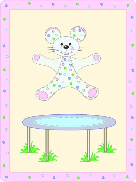 De kaart van de baby met dieren. muis en trampoline. — Stockvector