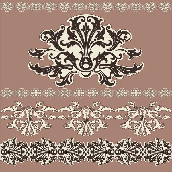 Vecteur vintage brun, fond beige. Design tourbillonnant éléments floraux décoratifs — Image vectorielle