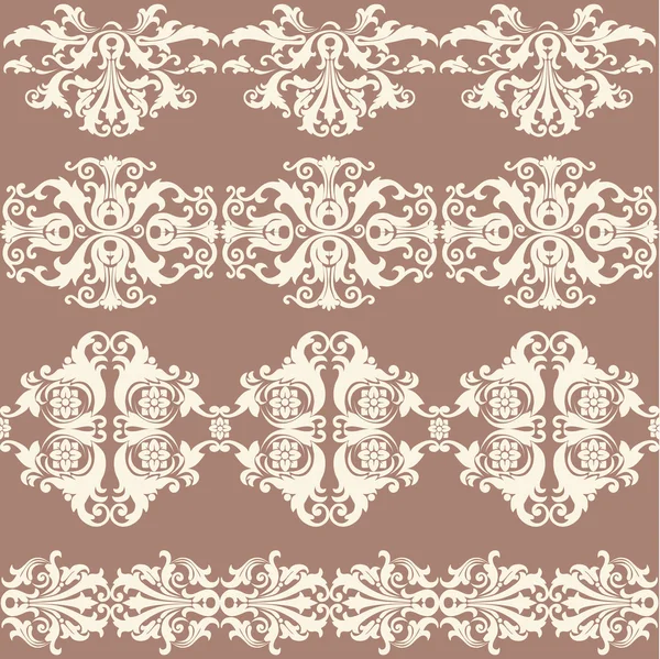 Vintage webbing, lace, border, banner seamless pattern with swirling decorative floral elements. Edge of the fabric, material on a brown background — Stock Vector