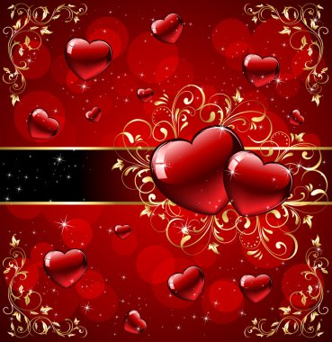 Hearts with gold ornate elements on red background clipart