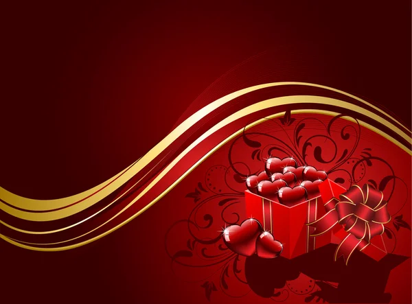 Geschenkbox auf rotem Hintergrund mit Herzen — Stockvektor