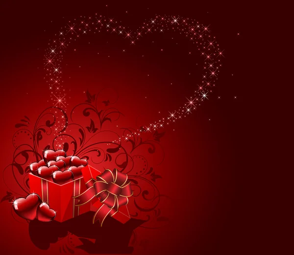 Συσκευασία δώρου με καρδιές σε κόκκινο φόντο — Διανυσματικό Αρχείο