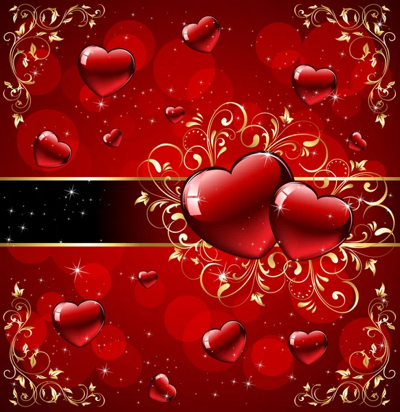 Coeurs avec des éléments ornés d'or sur fond rouge — Image vectorielle