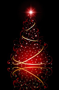 Christmas tree with stars on red background clipart