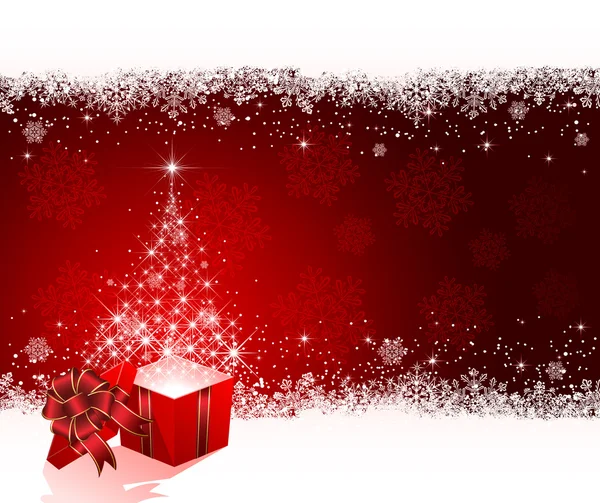 Yıldız kırmızı zemin üzerine gelen Noel ağacı ile mevcut — Stok Vektör