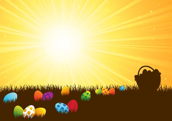 Huevos de Pascua coloridos en la hierba — Vector de stock
