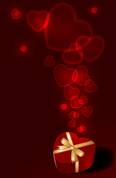 Coffret cadeau avec Coeurs sur fond rouge — Image vectorielle