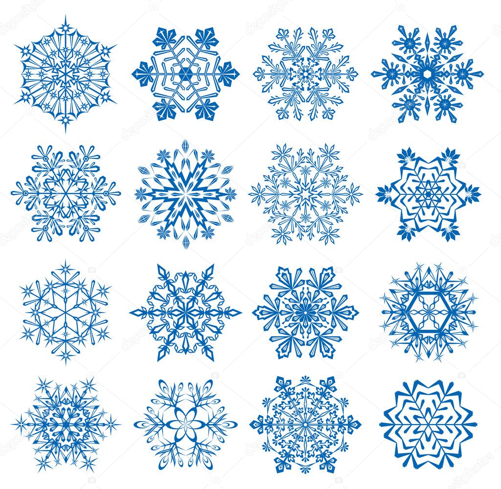 Sixteen snowflakes