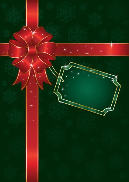 Weihnachtsschleife auf grünem Hintergrund mit Schneeflocken — Stockvektor